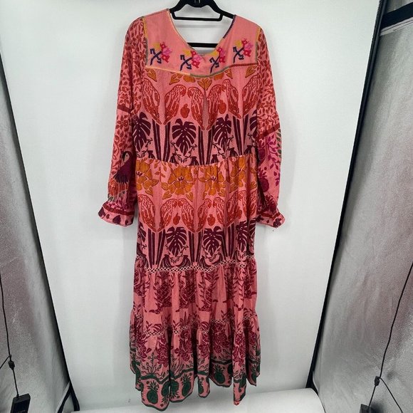 Farm Rio Womens Dress XL Ainika Print Macaws Maxi Dress Puff Sleeve Tassel Tie - Picture 16 of 16